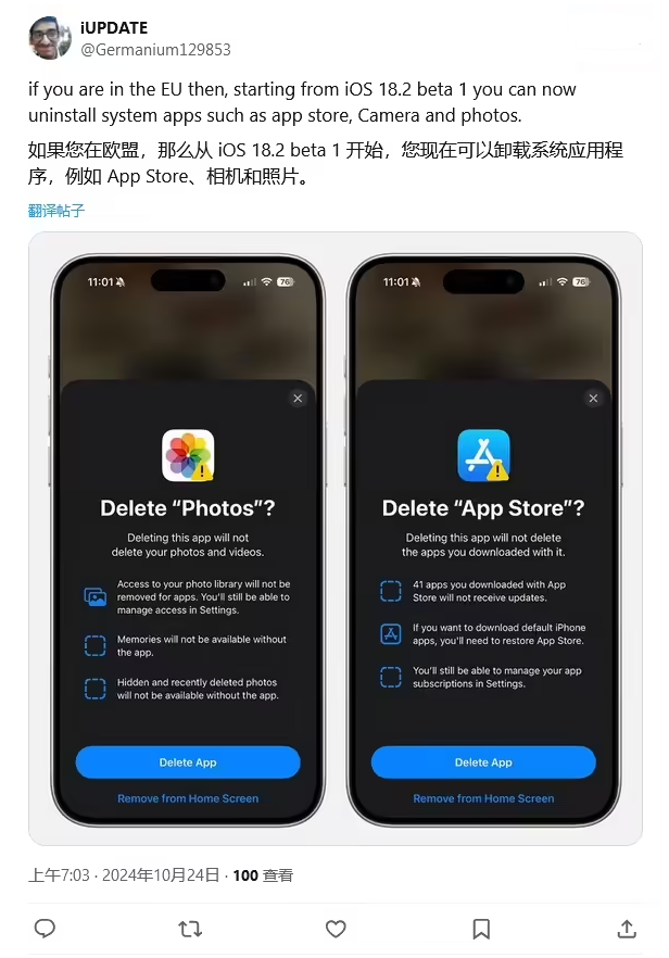 广州苹果手机维修分享iOS 18.2 支持删除 App Store 应用商店 